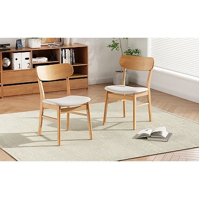 Set of 2 Dining Chairs Fabric Cushioned Seat Solid Rubberwood Legs Light Beige