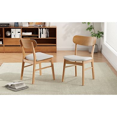 Set of 2 Dining Chairs Fabric Cushioned Seat Solid Rubberwood Legs Light Beige