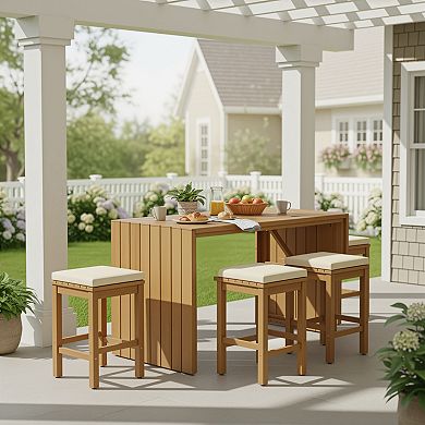 5 Piece Outdoor Bar Set, Patio Acacia Wood Bar Height Table & Four Stools with Cushions
