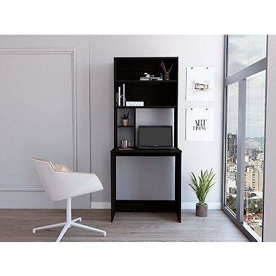 Xalo Computer Hutch Desk, Lower Shelf, Four Shelves, Black