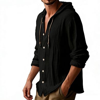 Men's Hooded Button-Down Shirt - Lightweight Wrinkled Texture Long Sleeve Casual Tunic Top
