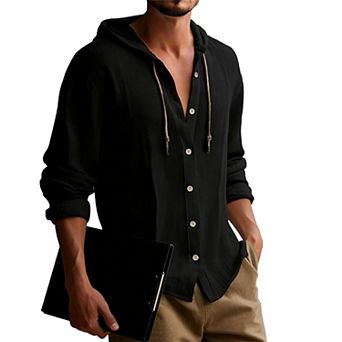 Men's Hooded Button-Down Shirt - Lightweight Wrinkled Texture Long Sleeve Casual Tunic Top