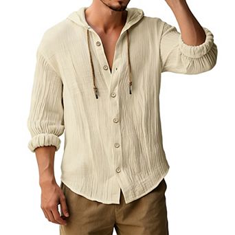 Men's Hooded Button-Down Shirt - Lightweight Wrinkled Texture Long Sleeve Casual Tunic Top