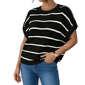 Women's Striped Batwing Sleeve Knit Top - Loose-Fit Crew Neck Sweater for Casual Daily Wear