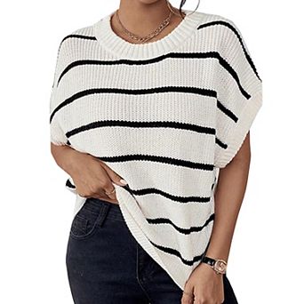 Women's Striped Batwing Sleeve Knit Top - Loose-Fit Crew Neck Sweater for Casual Daily Wear