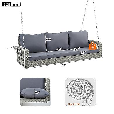 69 Inches PE Wicker 3-Person Porch Swing with Chains, Large Patio Swing Bench with Cushions