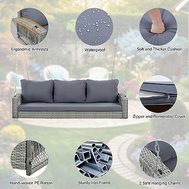 69 Inches PE Wicker 3-Person Porch Swing with Chains, Large Patio Swing Bench with Cushions