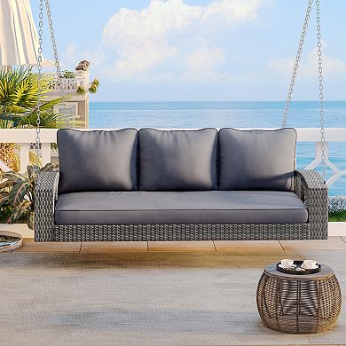 69 Inches PE Wicker 3-Person Porch Swing with Chains, Large Patio Swing Bench with Cushions