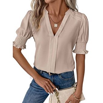 Womens T-Shirts Short Puff Sleeve Casual Blouses V Neck Smocked Cuff Tunic Tops Business Tops