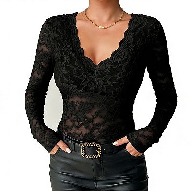 Women's Lace Long Sleeve Blouse - V-Neck Sheer Top for Casual Evening Wear