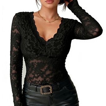 Women's Lace Long Sleeve Blouse - V-Neck Sheer Top for Casual Evening Wear