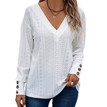 Women's Hollow-Out V-Neck Long Sleeve T-Shirt Breathable Drop Shoulder Top with Cuff Button Detail