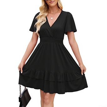 Womens Wrap V-Neck Ruffle Hem Flutter Short Sleeve Flowy Mini Dress Summer Casual A Line Dress