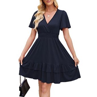 Womens Wrap V-Neck Ruffle Hem Flutter Short Sleeve Flowy Mini Dress Summer Casual A Line Dress