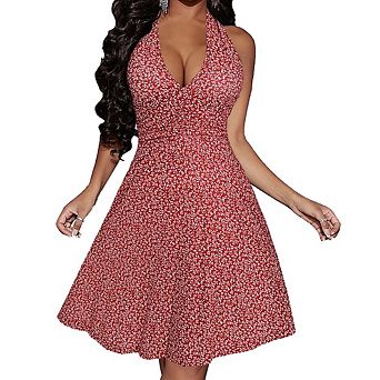Women's Summer Halter Lace-Up Dress Floral Print Backless Ruched Elegant Slim Fit Pocket Dress