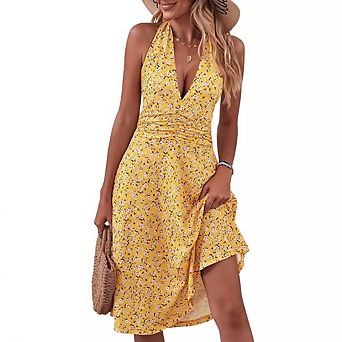 Women's Summer Halter Lace-Up Dress Floral Print Backless Ruched Elegant Slim Fit Pocket Dress