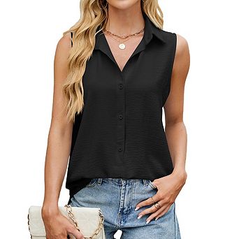 Women's Summer Lapel Sleeveless Button-Up Top Stylish Tie-Waist Chiffon Tank Breathable Casual Tops