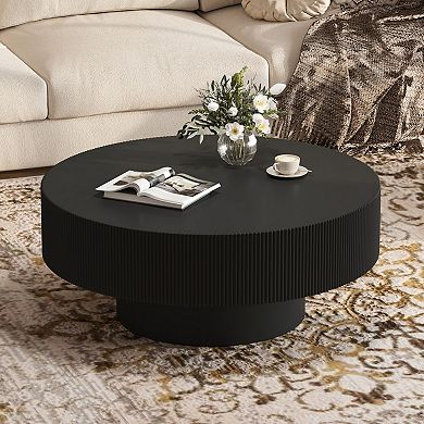 Whisen Round Coffee Table, Minimalist Fluted End Table with 6.8" Thick Tabletop