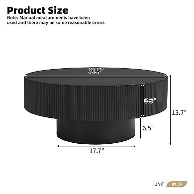 Whisen Round Coffee Table, Minimalist Fluted End Table with 6.8" Thick Tabletop