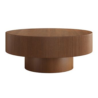 Whisen Round Coffee Table, Minimalist Fluted End Table with 6.8" Thick Tabletop