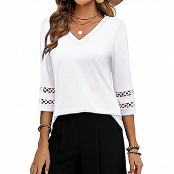 Women's V-Neck 3/4 Sleeve Top - Cutout Detail Loose-Fit Blouse for Casual Office Daily Wear