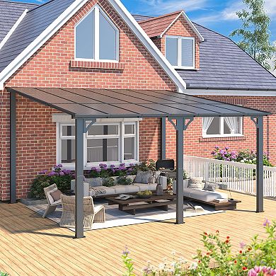 14 ft. x 12 ft. Outdoor Lean to Gazebo Hardtop Wall Mounted Pergola with Polycarbonate Patio Cover