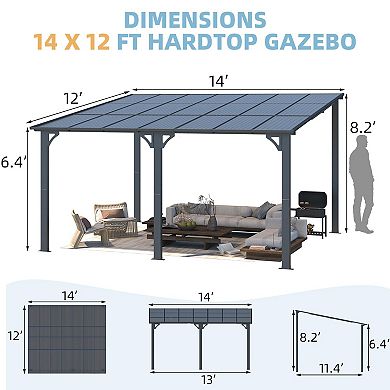 14 ft. x 12 ft. Outdoor Lean to Gazebo Hardtop Wall Mounted Pergola with Polycarbonate Patio Cover
