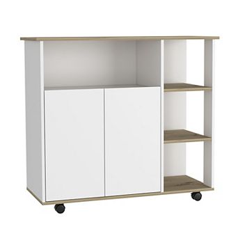 St. Thomas Kitchen Cart, Four Open Shelves, Double Door Cabinet, Four Casters, Light Oak / White