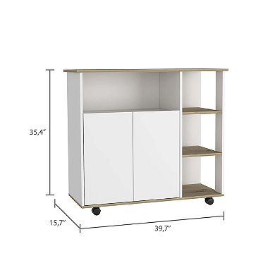 St. Thomas Kitchen Cart, Four Open Shelves, Double Door Cabinet, Four Casters, Light Oak / White