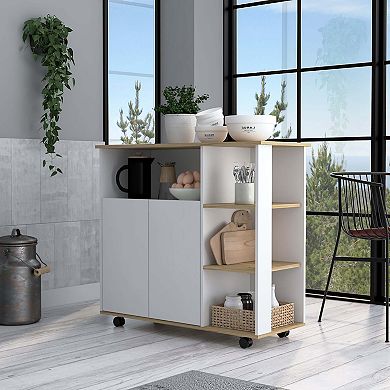 St. Thomas Kitchen Cart, Four Open Shelves, Double Door Cabinet, Four Casters, Light Oak / White