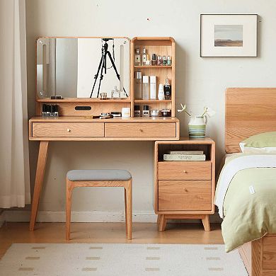 Solid Oak Vanity Table with Adjustable Design and Ample Storage