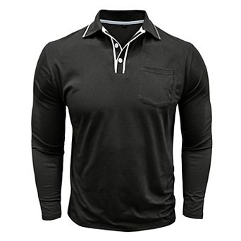 Men's Long Sleeve Polo Shirt Collared Button Top with Chest Pocket for Casual Work Daily Wear