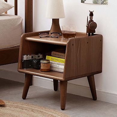 Elegant Beechwood Nightstand with Rounded Design and Organized Storage