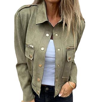 Women's Faux Suede Lapel Jacket Casual Fashion Long Sleeve Coat with Front Pockets Slim Fit Tops