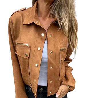 Women's Faux Suede Lapel Jacket Casual Fashion Long Sleeve Coat with Front Pockets Slim Fit Tops