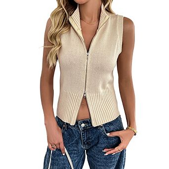 Women's Minimalist Sleeveless Tank Top Fashion Zip-Up Collared Cardigan Breathable Knit Layering Top