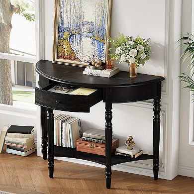 Whisen Farmhouse Half Moon Console Table with Drawer and Shelf