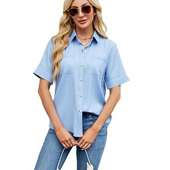 Womens Button Down Shirt Short Sleeve V Neck Dressy Casual Business Work Blouse Tops with Pocket