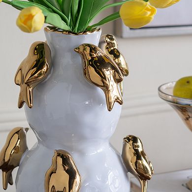 TOEMOA Two-Tiered Ceramic Vase with Ornamental Bird Accents