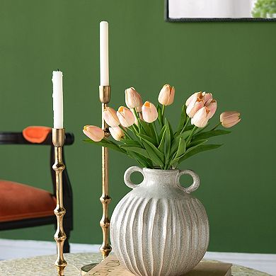 TOEMOA Decorative Round Ceramic Flower Vase with Textured Motif