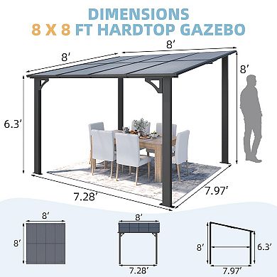 8 ft. x 8 ft. Aluminum Frame Sloped Roof Patio Pergola with Retractable Polycarbonate Canopy