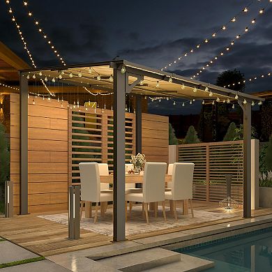 8 ft. x 8 ft. Aluminum Frame Sloped Roof Patio Pergola with Retractable Polycarbonate Canopy
