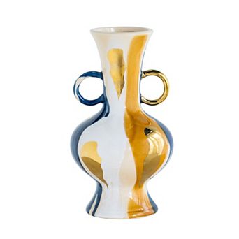 TOEMOA Round Ceramic Vase with Abstract Finish and Small Handles