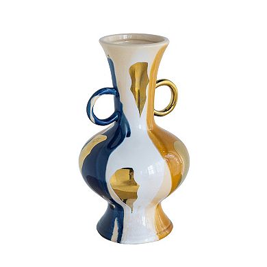 TOEMOA Round Ceramic Vase with Abstract Finish and Small Handles