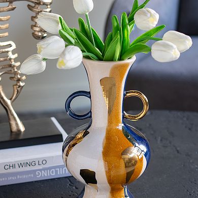 TOEMOA Round Ceramic Vase with Abstract Finish and Small Handles