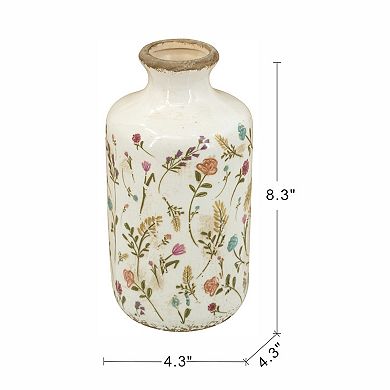 TOEMOA Ceramic Cylinder Vase with Floral Motifs Artistic Home Accent