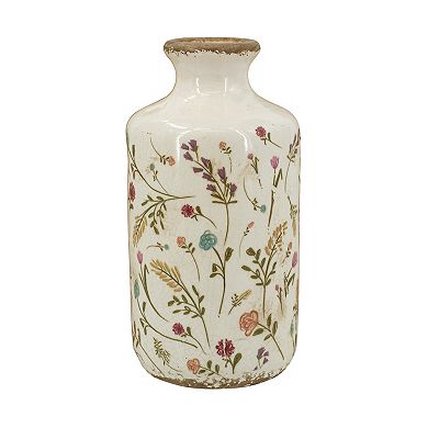 TOEMOA Ceramic Cylinder Vase with Floral Motifs Artistic Home Accent