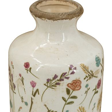 TOEMOA Ceramic Cylinder Vase with Floral Motifs Artistic Home Accent