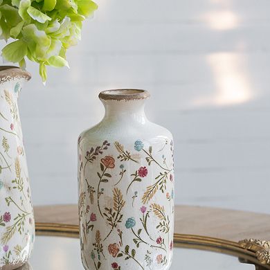 TOEMOA Ceramic Cylinder Vase with Floral Motifs Artistic Home Accent