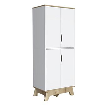 Dahoon Double Kitchen Pantry with Double Doors and Four Shelves, Light Oak and White Finish